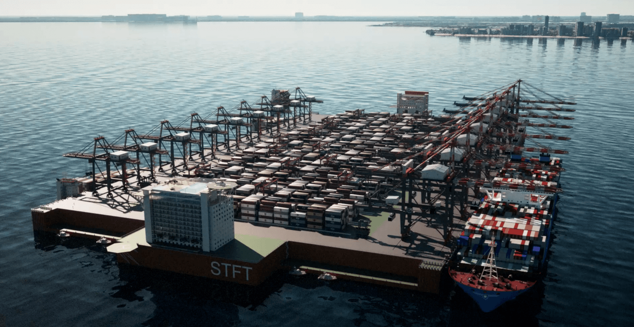 STFT floating container terminal with gantry cranes and a berthed container ship, city skyline behind, 3D rendering