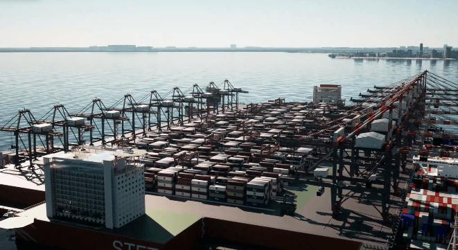 Elevated rendering of the STFT floating terminal's quay cranes and container yard, city skyline behind