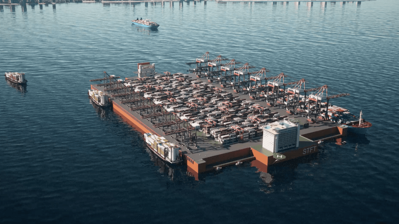 A massive floating container terminal with cranes and stacked shipping containers anchored offshore